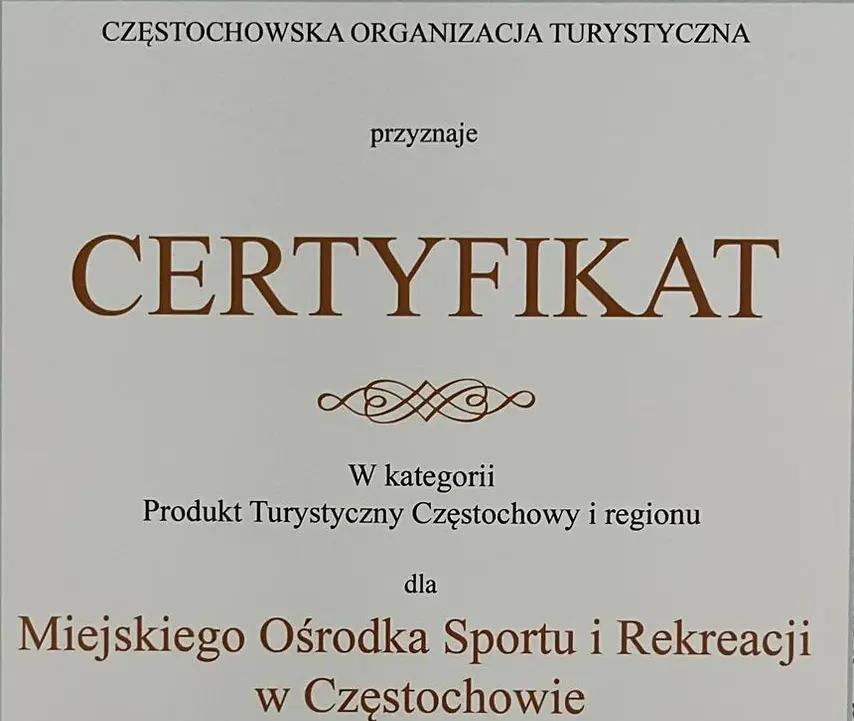 Certyfikat dla Parku Wodnego Częstochowa